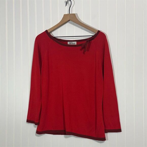 Vintage All Points Red Boatneck Top XL Hong Kong Bow Detail Striped Trim Mod 90s - Picture 1 of 8